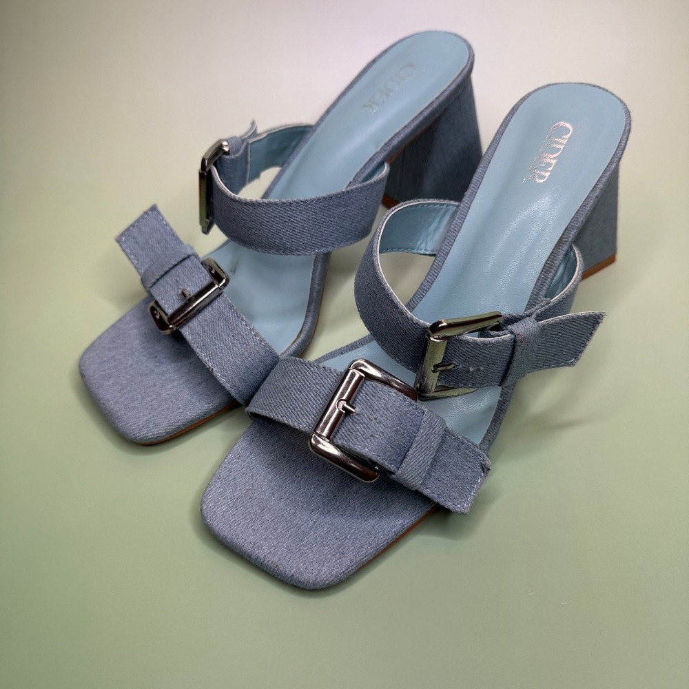 Y2K Denim Buckle Block Heel Sandals size 7